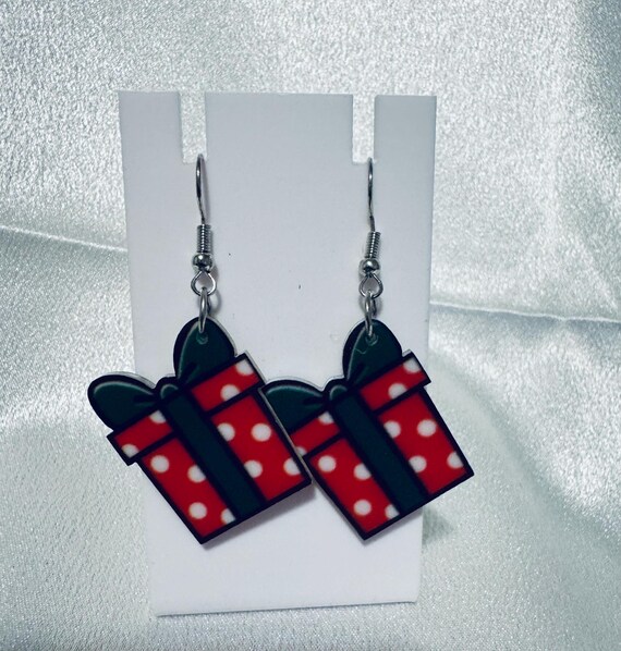 Wooden Christmas Package Dangle Earrings