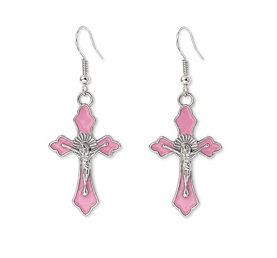 Pink Cross Dangle Earrings
