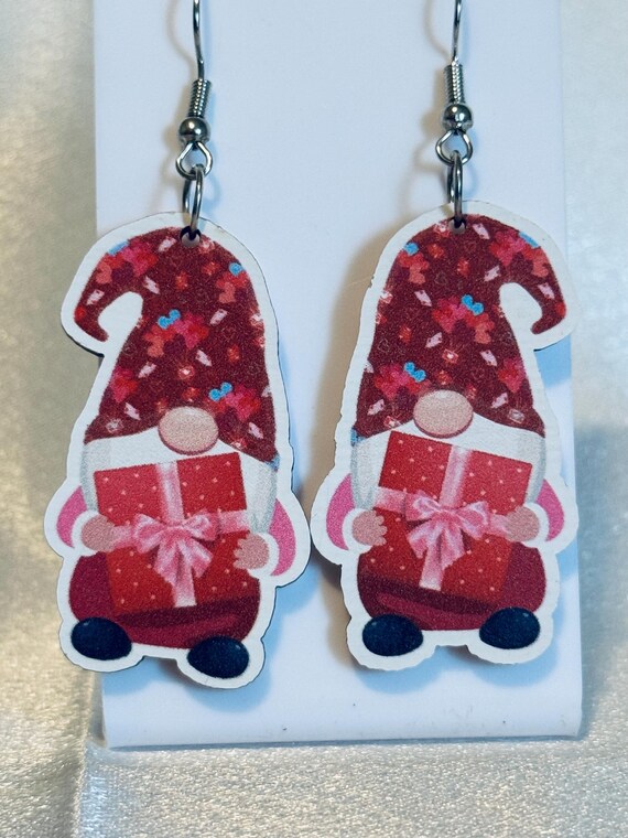 Gnome Holding Gift Wooden Dangle Earrings