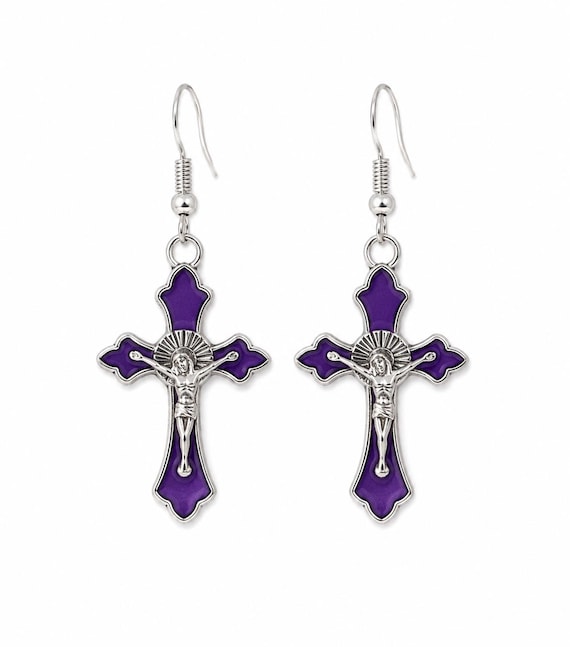 Purple Cross Dangle Earrings