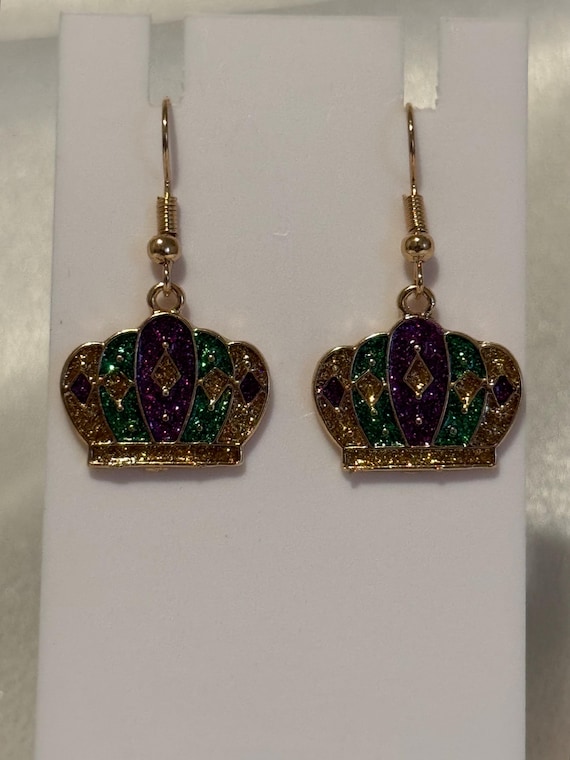 Mardi Gras Crown Dangle Earrings.