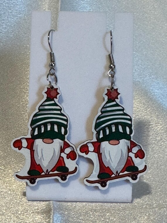Wooden Gnome Christmas Dangle Earrings
