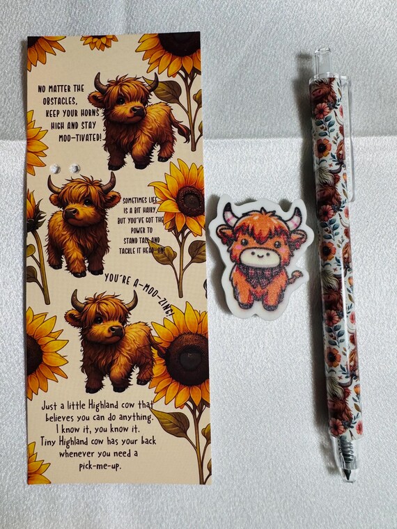 Highland Cow Mechanical Penci, Character Eraser and Positivity Bookmark