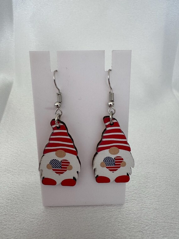 Wooden Patriotic Gnome Dangle Earrings