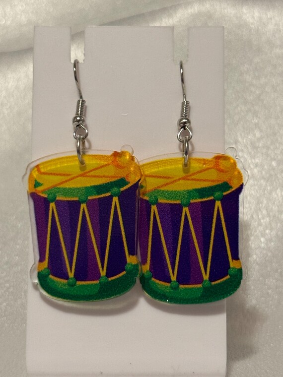 Mardi Gras Drum Dangle Earrings.