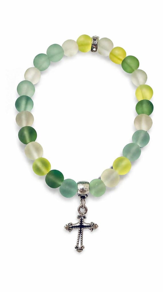 Colorful Beaded Inspirational Cross Charm Stretch Bracelet