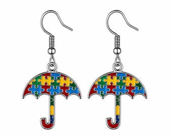 Pendientes colgantes de esmalte multicolor con forma de paraguas, símbolo del autismo.
