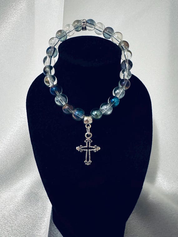 Colorful Beaded Inspirational Cross Charm Stretch Bracelet