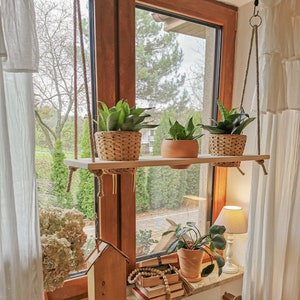 Hanging Window Shelf | Wooden Plant Shelf with Jute Rope | Boho Wall Shelf | Floating Shelf for Plants | Handmade Window Decor