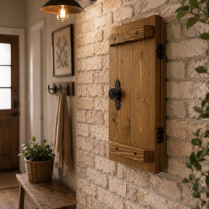 Può includere: Un armadietto da parete rettangolare in legno con finitura a venature naturali, dotato di due listelli di supporto orizzontali, cerniere in metallo nero e un pomello decorativo in metallo nero montato sul pannello frontale.