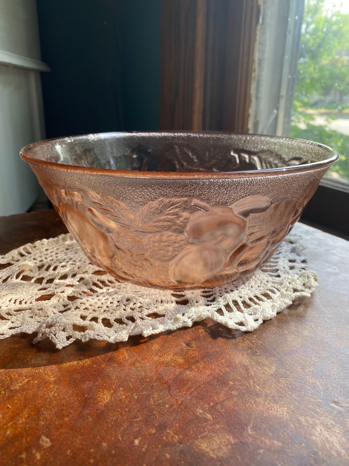 Large Pink Depression Glass Fruit Bowl fruit design textured Etsy