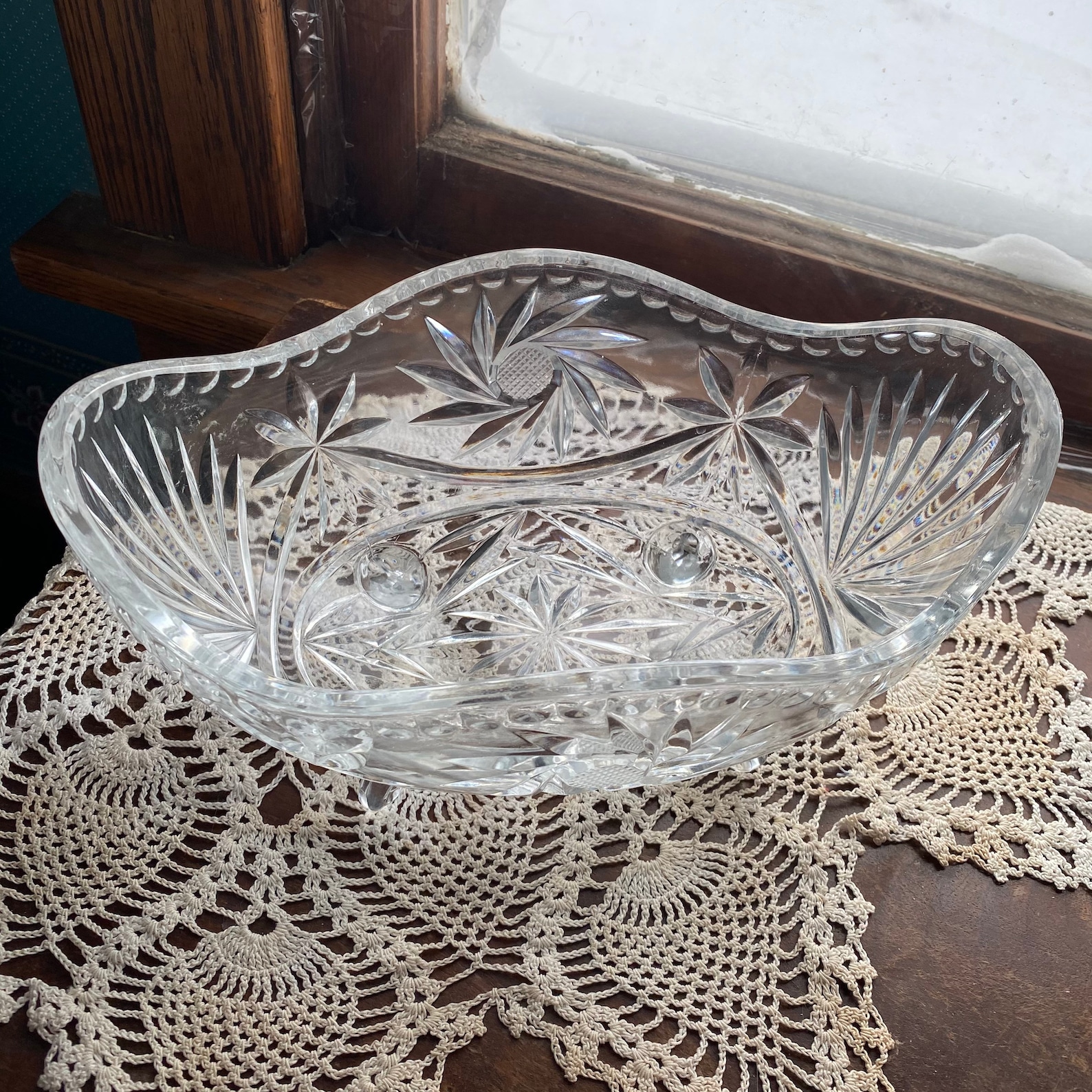 Vintage Cut Glass Fruit Bowl Heavy Deep Cut Oval Glass Bowl Etsy