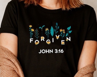 T-shirt JÉSUS PARDONNÉ/Chemise dicton religieux chrétien/Tshirt religieux Verset de la Bible catholique anniversaire T-shirt de Noël hauts