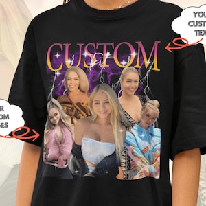 Op de afbeelding: Zwart T-shirt met het woord "CUSTOM" in een regenboogkleurige gradiënt met bliksem en een collage van vier afbeeldingen van vrouwen. De tekst "YOUR CUSTOM IMAGES" staat in een spraakballon aan de linkerkant van de afbeelding en de tekst "YOUR CUSTOM TEXT" staat in een spraakballon aan de rechterkant van de afbeelding.
