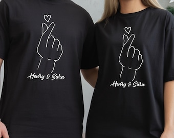 Personalised Couple T Shirts, Finger Heart Matching Shirts, Custom Name His and Hers, Anniversary Valentine Gift
