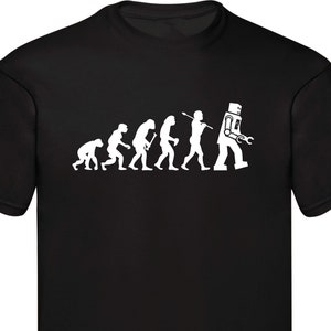 May include: Black t-shirt featuring a white graphic of the evolution of man culminating in a robot.