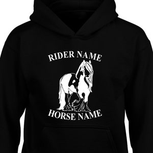 Felpa con cappuccio personalizzata per cavalli, cavaliere equestre fantino con pannocchia di cavallo, Pony Equine Dressage Boys Girls Unisex Jumper Christmas Xmas Gift Tops