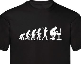 May include: Black t-shirt with a white silhouette of the evolution of humans ending with a person sitting at a computer.