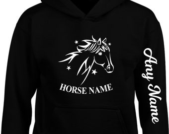 Personalised Horse Head Hoodie Arm Printed Pony Stable Equestrian Equine Rider Jockey Adults Kids Jumper Christmas Gift Pullover Sweat Tops