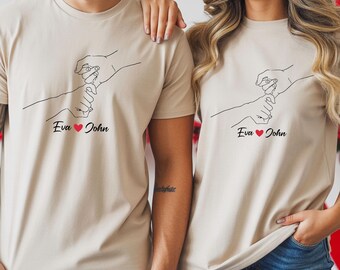Personalised Couple T Shirt, Custom Name Matching Shirts, Holding Hands Design, Couple Gift, Anniversary or Valentine Present