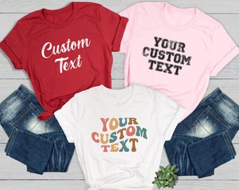 Custom Text T Shirt, Personalised Retro Print T-Shirt, Retro Font Shirt Back Print Personalized Wording Tee Birthday Gift For Her Tee Tops