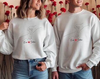 Personalised Couple Sweatshirt, Custom Name Matching Sweatshirts, Holding Hands Design, Anniversary or Valentine Gift