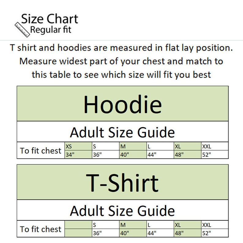 Puede incluir: Tabla de tallas para sudaderas con capucha y camisetas. La tabla muestra el tama&ntilde;o del pecho en pulgadas para cada talla: XS (34 pulgadas), S (36 pulgadas), M (40 pulgadas), L (44 pulgadas), XL (48 pulgadas) y XXL (52 pulgadas).