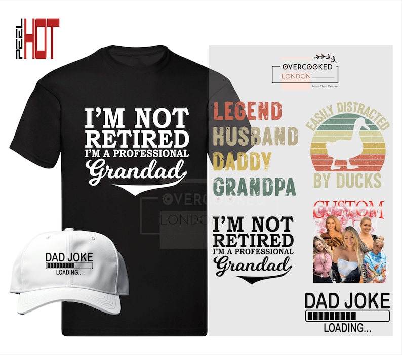 K&ouml;nnte beinhalten: Ein schwarzes T-Shirt mit dem Text "I'm not retired I'm a professional Grandad" in Wei&szlig;. Eine wei&szlig;e Baseballkappe mit dem Text "Dad Joke Loading..." in Schwarz. Ein wei&szlig;er Hintergrund mit dem Text "Legend Husband Daddy Grandpa I'm not retired I'm a professional Grandad" in Schwarz. Eine Grafik eines Entchens mit dem Text "Easily Distracted by Ducks" im Vintage-Stil. Eine Grafik einer Gruppe von Menschen mit dem Text "Custom" im Vintage-Stil. Ein wei&szlig;er Hintergrund mit dem Text "Dad Joke Loading..." in Schwarz.