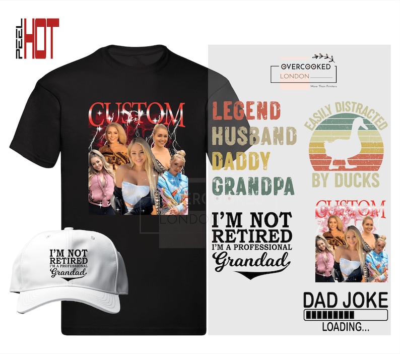 K&ouml;nnte beinhalten: Ein schwarzes T-Shirt mit einem individuellen Design, das eine Gruppe von Personen und das Wort "CUSTOM" in Rot und Wei&szlig; zeigt. Das T-Shirt enth&auml;lt auch den Text "LEGEND HUSBAND DADDY GRANDPA I'M NOT RETIRED I'M A PROFESSIONAL GRANDAD" in einer Schriftart im Vintage-Stil. Das Design ist von einem wei&szlig;en Rand umgeben.