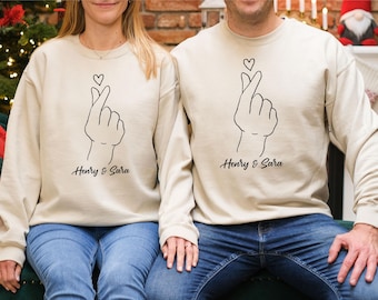 Personalised Couple Sweatshirts, Finger Heart Matching Jumpers, Custom Name His and Hers, Anniversary Valentine Gift