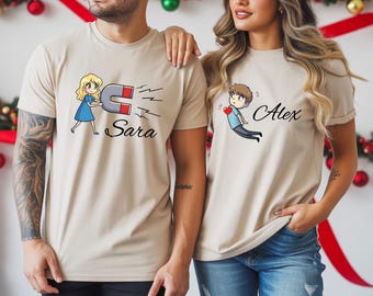 Personalised Couple T Shirts, Custom Name Matching Shirts, Cute Cartoon Love Magnet Design, Anniversary Gift