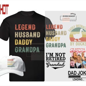 K&ouml;nnte beinhalten: Ein schwarzes T-Shirt mit einer Grafik im Vintage-Stil, auf dem "Legend Husband Daddy Grandpa" steht. Die Grafik ist in Rot, Gelb und Gr&uuml;n gehalten. Das T-Shirt wird mit einer wei&szlig;en Baseballkappe mit der gleichen Grafik in kleinerer Gr&ouml;&szlig;e kombiniert. Das Bild enth&auml;lt auch eine separate Grafik, auf der "Ich bin nicht im Ruhestand, ich bin ein professioneller Opa" in einem &auml;hnlichen Vintage-Stil steht.