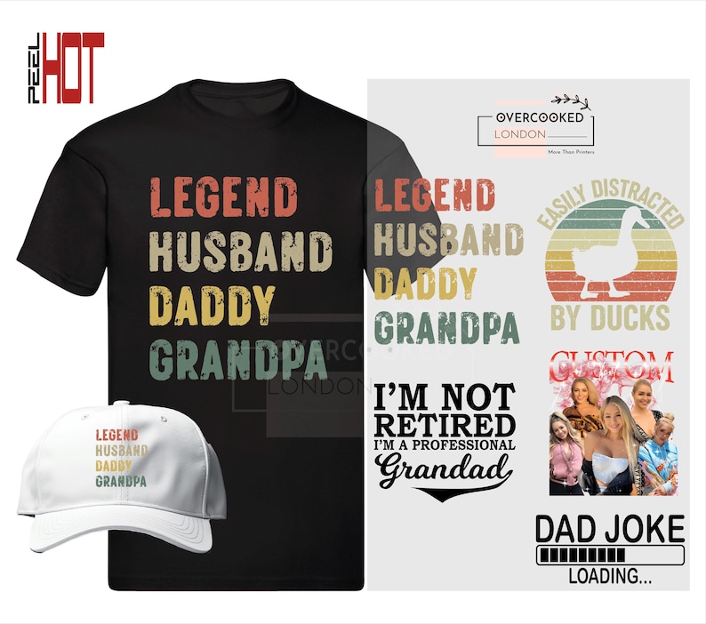 K&ouml;nnte beinhalten: Ein schwarzes T-Shirt mit einer Grafik im Vintage-Stil, auf dem "Legend Husband Daddy Grandpa" steht. Die Grafik ist in Rot, Gelb und Gr&uuml;n gehalten. Das T-Shirt wird mit einer wei&szlig;en Baseballkappe mit der gleichen Grafik in kleinerer Gr&ouml;&szlig;e kombiniert. Das Bild enth&auml;lt auch eine separate Grafik, auf der "Ich bin nicht im Ruhestand, ich bin ein professioneller Opa" in einem &auml;hnlichen Vintage-Stil steht.