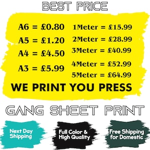 Custom DTF Prints, DTF Transfer, A6 A5 A4 A3 Metre Gang Sheet Heat Transfer Ready to Press Iron On Personalised, Direct To Film DTF Print