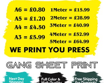 Custom DTF Prints, DTF Transfer, A6 A5 A4 A3 Metre Gang Sheet Heat Transfer Ready to Press Iron On Personalised, Direct To Film DTF Print