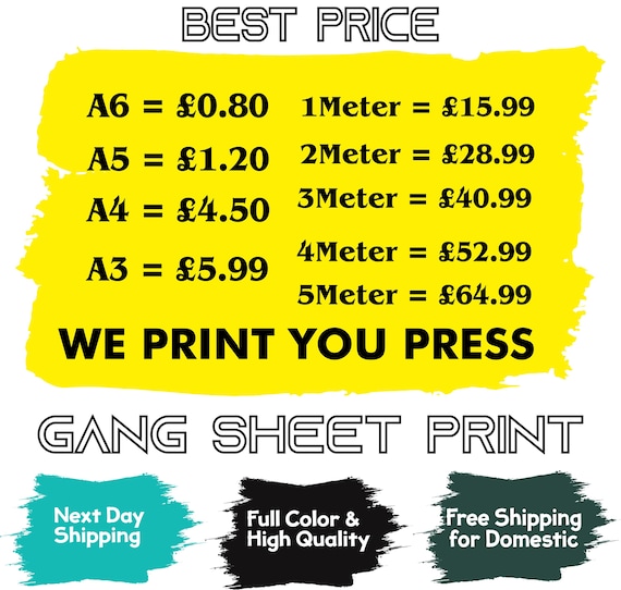 Custom DTF Prints, DTF Transfer, A6 A5 A4 A3 Metre Gang Sheet Heat Transfer Ready to Press Iron On Personalised, Direct To Film DTF Print