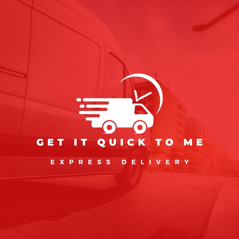 May include: White logo on a red background featuring a delivery truck with speed lines and a clock. The text reads "GET IT QUICK TO ME" and "EXPRESS DELIVERY". The image suggests fast shipping services.