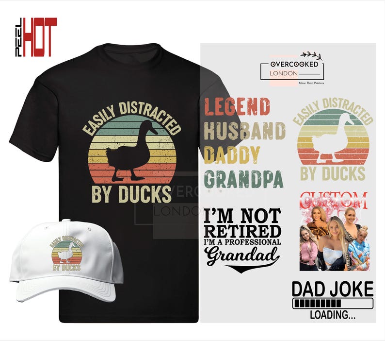 K&ouml;nnte beinhalten: Ein schwarzes T-Shirt mit einer Grafik im Vintage-Stil, auf dem "Easily Distracted by Ducks" steht. Die Grafik zeigt eine Ente vor einem Sonnenuntergang. Das Shirt tr&auml;gt au&szlig;erdem den Text "Legend Husband Daddy Grandpa" und "I'm Not Retired I'm a Professional Grandad".