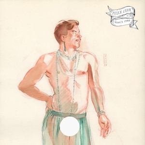 May include: Watercolor illustration of a person in a sheer turquoise skirt and beaded necklaces. The artwork features a side profile with a mustache and the text "FELIX D'EON SINCE 1980" in a banner.