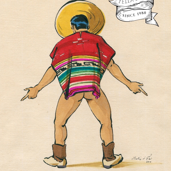 Shoot em' up charro 2. Gay art, queer, male nude, classic, vintage, erotica, Mexican, Latino, Felix d'Eon.