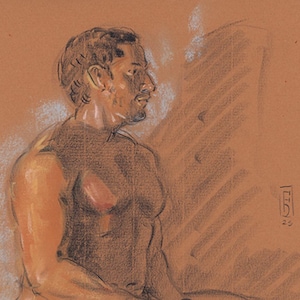 May include: A charcoal drawing of a person in profile, with a focus on the upper body. The artwork is rendered in shades of brown, with highlights in white and orange. The drawing has a sketch-like quality, with visible lines and shading.