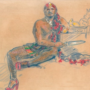 May include: A sketch of a person wearing a turban, jewelry, and a garland of red flowers, holding a knife. The person is seated, wearing fishnet stockings and red high heels. A small table holds fruit.