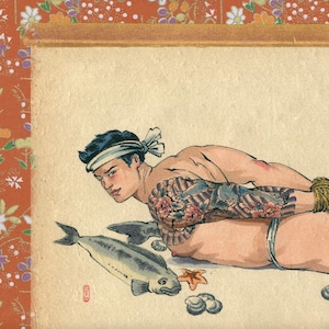 May include: Illustration of a person with a floral tattoo on their arm, bound with rope. A fish, starfish, and seashells are in the foreground. The artwork has a vintage aesthetic with a Japanese influence.