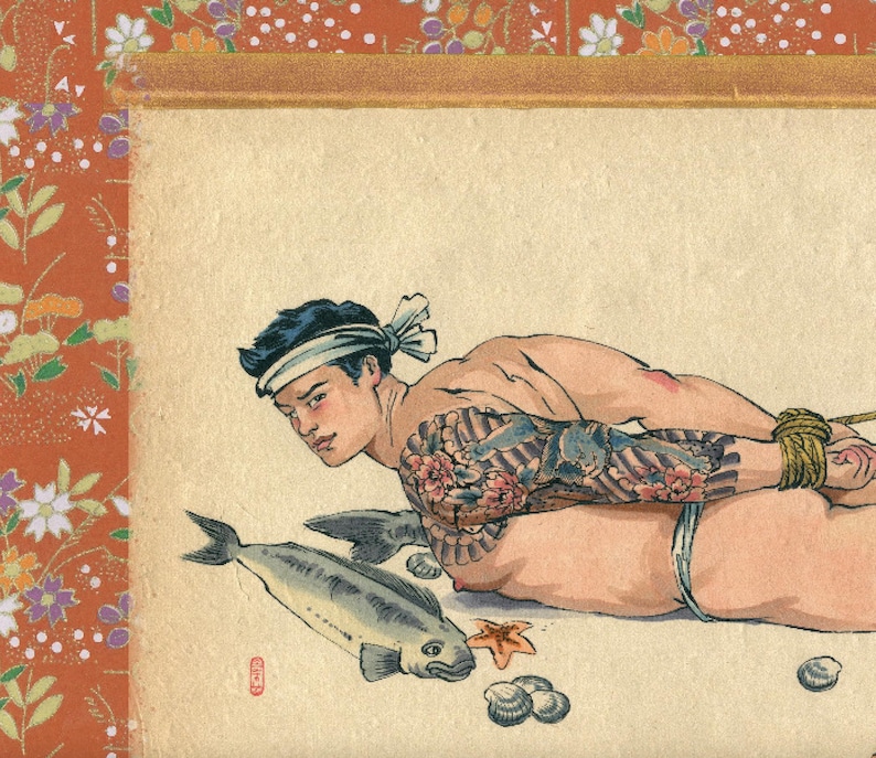 May include: Illustration of a person with a floral tattoo on their arm, bound with rope. A fish, starfish, and seashells are in the foreground. The artwork has a vintage aesthetic with a Japanese influence.