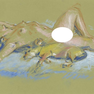 May include: A pastel drawing of a nude figure reclining on a bed, with a small dog resting nearby. The artwork features soft colors, with the figure's skin tones rendered in warm hues and the dog in shades of yellow and brown. The background is a muted green.