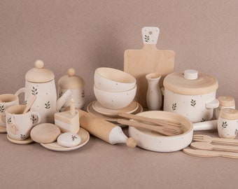 Wooden Play Kitchen Accessories - Wooden tea set - Wooden dishes set Botanical - Wooden pan - Wooden Play Food - Wooden pot