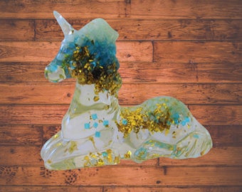 Resin Unicorn - Sea Colored Glass Beads and Gold Leaf