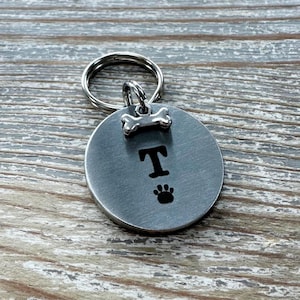 May include: Silver dog tag with a bone charm and the letter "T" engraved on it. The tag also has a paw print engraved below the letter.