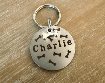 Personalised Bone Pattern Dog Tag - Stainless Steel Handmade Collar Fun Tag - Custom Bespoke Pet Cat ID Disc with Charm - Dog Lover Gift