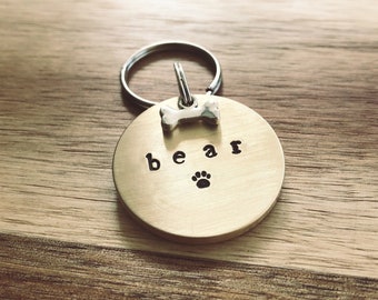 Personalised Dog Tag - Brass Handmade Collar Tag - Custom Bespoke Pet Dog Cat ID Tag Disc - Brass - Handmade Dog Lover Gift